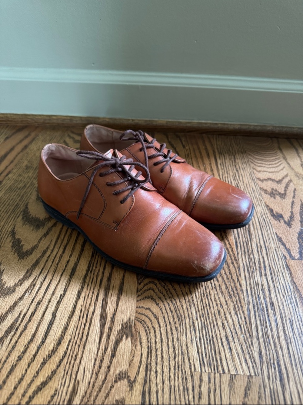 Boys Leather Cap-Toe Dress Shoes - Brown tan lace up suit church wedding